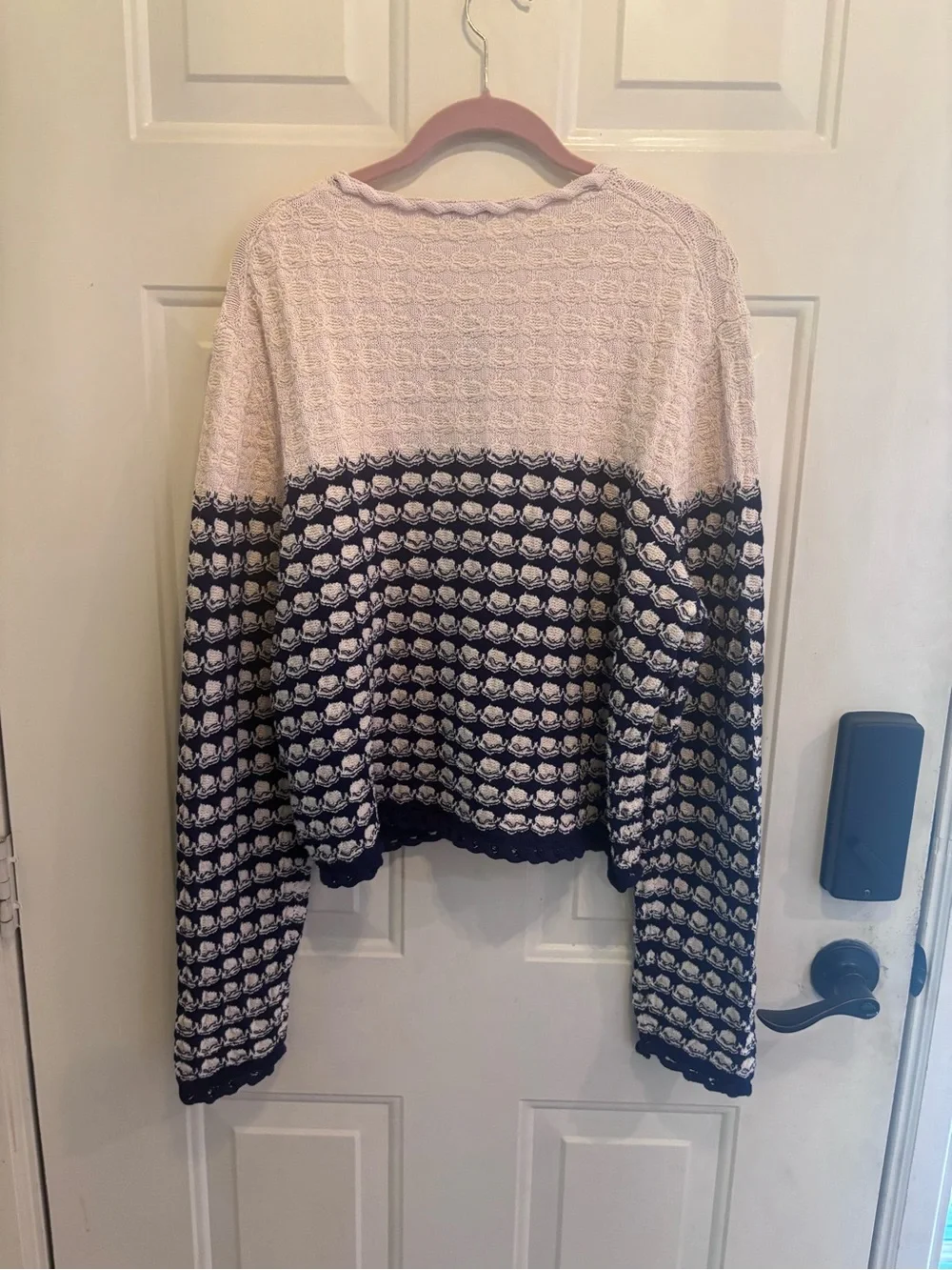 J. Crew Cream and Navy Striped Crochet-Texture Cardigan